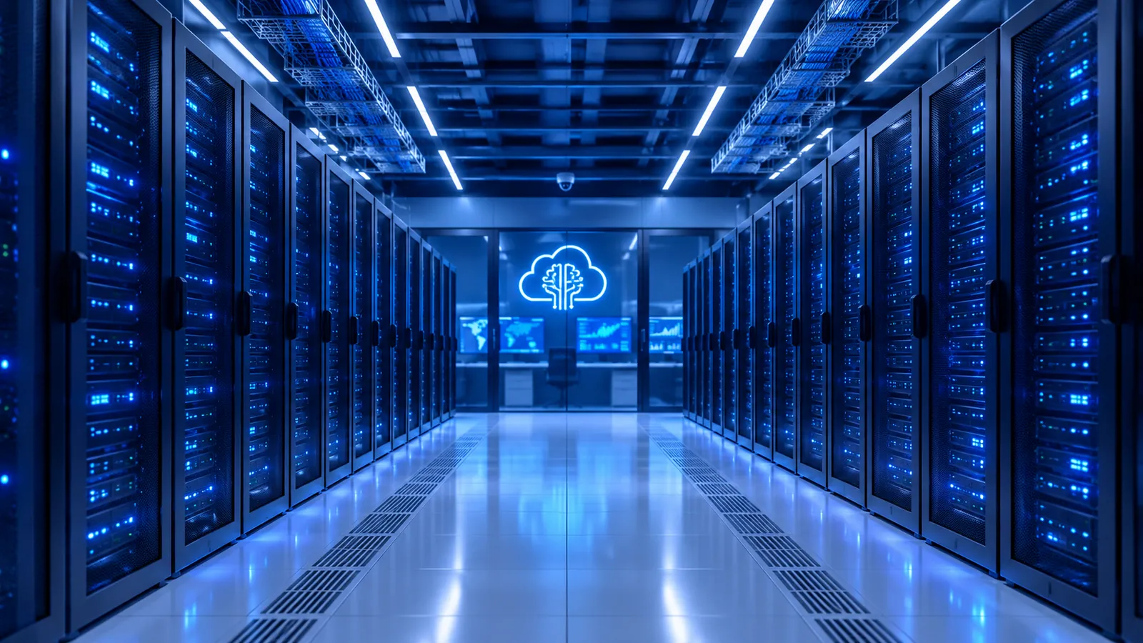 Rows of server racks inside a hyper-scale data center